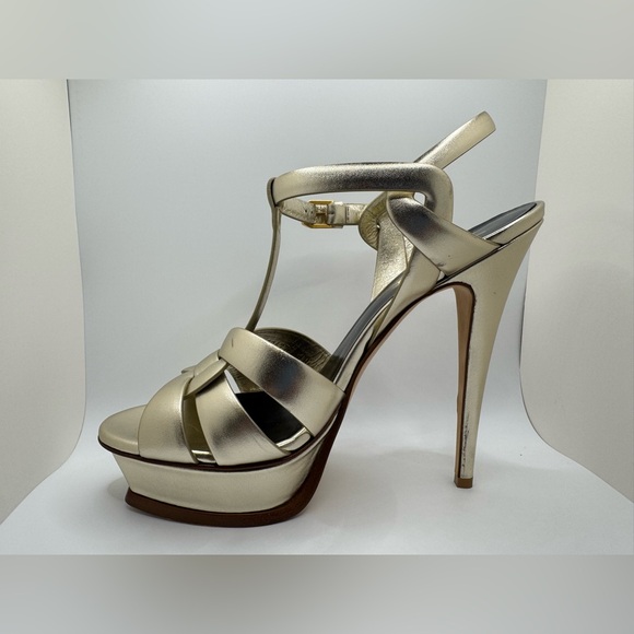 Saint Laurent Tribute Sandals in Metallic Leather Platino Size 39 Worn Once! - Picture 2 of 9